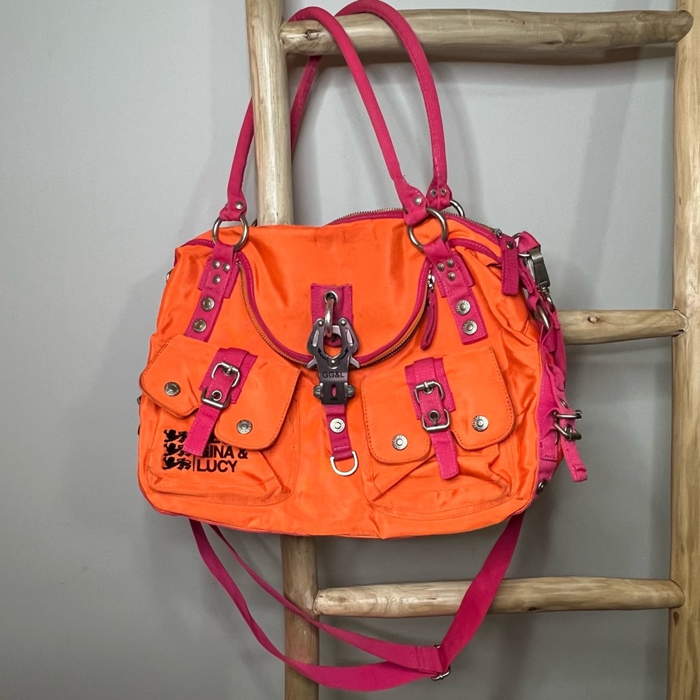 GEORGE GINA & LUCY Daisy Saddle Orange and Hot Pink Oversized Nylon Bag